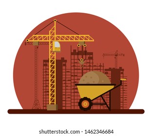 Under construction zone with crane and wheelbarrow vector illustration graphic design