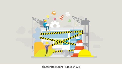 Under Construction Zone Page Tiny People Character Concept Vector Illustration, Suitable For Wallpaper, Banner, Background, Card, Book Illustration, And Web Landing Page
