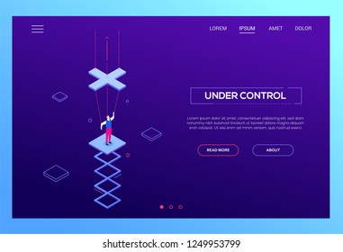 Under control - modern isometric vector website header on purple background with copy space for text. High quality web banner with businessman being a marionette, string puppet. Manipulation concept