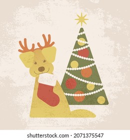 Under a decorated Christmas tree sits a cute yellow dog with horns on its head and a Christmas sock in its teeth. Congratulation, postcard or party invitations, addition to a gift for the New Year.