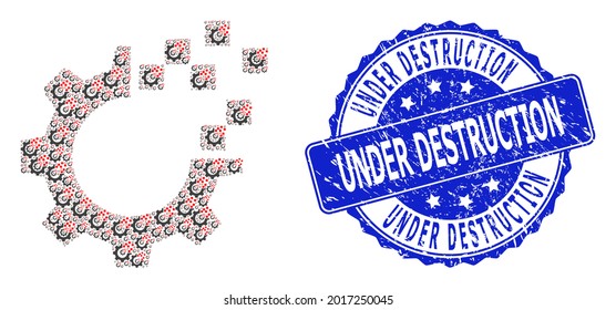 Under Destruction rubber round seal print and vector recursion mosaic auto gear repair. Blue stamp seal contains Under Destruction tag inside round shape.