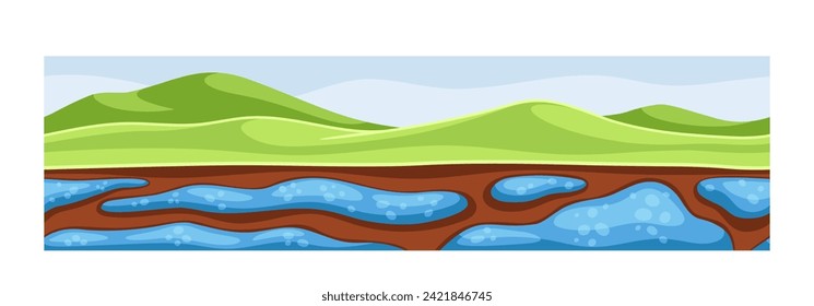 Under earth layer concept. Ground and soil, land. Archeology and paleontology. Diamonds and minerals underground. Poster or banner. Cartoon flat vector illustration isolated on white background