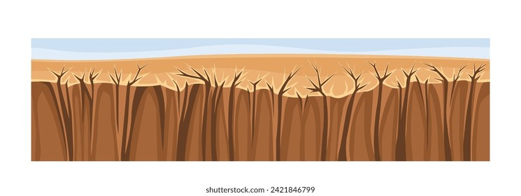 Under earth layer concept. Ground and soil, land. Archeology and paleontology. Dry prehistoric lawn. Poster or banner. Cartoon flat vector illustration isolated on white background
