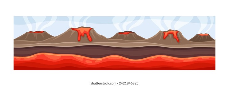 Under earth layer concept. Ground and soil, land. Archeology and paleontology. Volcano with magma. Template and layout. Cartoon flat vector illustration isolated on white background