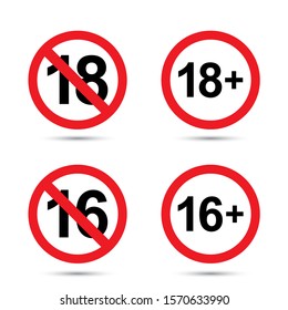 Under eighteen sign. Under sixteen sign. Vector illustration isolated on white