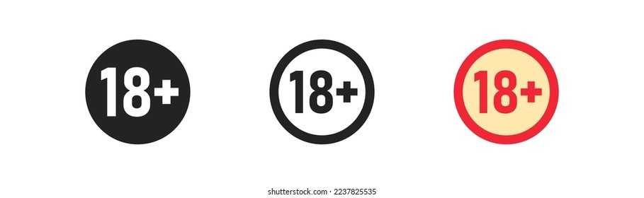 Under eighteen years prohibition icon on white background. Adults only warning concept. Age limit 18+ symbol. Over eighteen rated. Colored flat design. Vector illustration.