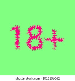Under eighteen years prohibition sign, adults only, illustration. Vector. Magenta rough icon on greenish background. Isolated.