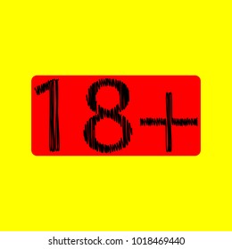 Under eighteen years prohibition sign, adults only, illustration. Vector. Black scribble icon in red container with rounded corners at yellow background. Isolated.