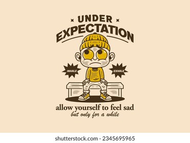 Under expectation, little man character wearing beanie with sad face, drawing in vintage style