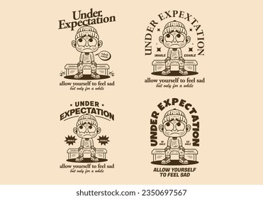 Under expectation, little man character wearing beanie with sad face, drawing in vintage style