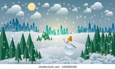 under the falling snowflakes, among coniferous trees and snowdrifts, there is a cheerful snowman on the background of hills, forest and sky with the sun and clouds. winter natural landscape.vector