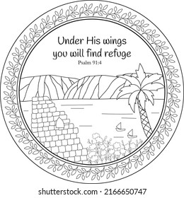 Under His wings you will find refuge 91 verse 4 . Black on transparent biblical coloring mandala