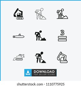 Under icon. collection of 9 under filled and outline icons such as digging man, excavator, 3 allowed. editable under icons for web and mobile.