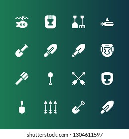 under icon set. Collection of 16 filled under icons included Shovel, Arrows, Headgear, Submarine