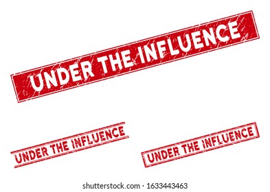 Under the Influence stamp seals. Red vector rectangular scratched stamp imprints with Under the Influence title. Useful for rubber imitations with distress rubber surface.