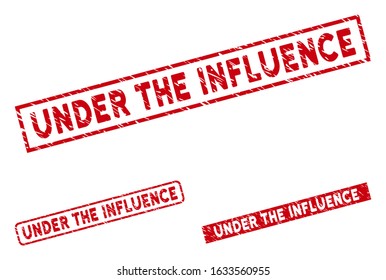 Under the Influence stamp seals. Red vector rectangular distress seals with Under the Influence phrase. Designed for imprints with distress rubber surface.