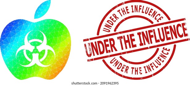 Under the Influence unclean stamp, and lowpoly spectrum colored infected apple icon with gradient. Red seal contains Under the Influence text inside circle and lines template.