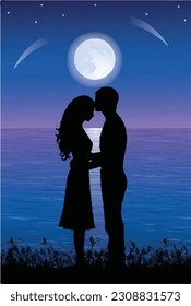 Under the luminous moon, the couple embraced, their souls entwined. With tender affection, they shared a forehead kiss, a gesture of love and reassurance. 
forehead kiss couple moon Vector.
