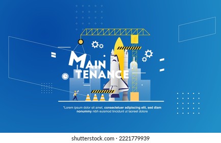 Under Maintenance Design. Rocket And Worker Blue And Yellow Concept. Site Under Maintenance