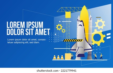 Under Maintenance Design. Rocket And Worker Blue And Yellow Concept. Site Under Maintenance