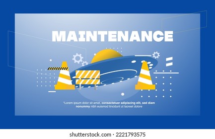 Under Maintenance Design. Rocket And Worker Blue And Yellow Concept. Site Under Maintenance