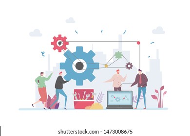 Under Maintenance Engineering Vector Illustration Concept Showing a group of engineer fixing a machine, Suitable for landing page, ui, web, App intro card, editorial, flyer, and banner.