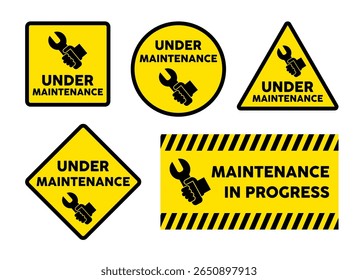 Under maintenance sign set vector. Hand hold wrench sign on yellow banner. Under construction yellow sign. 
