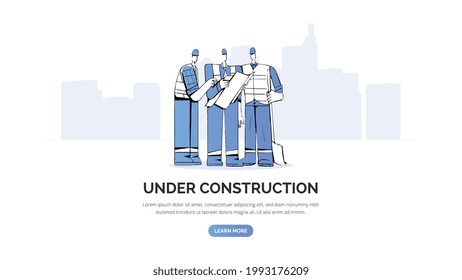 En la ilustración de plantilla del sitio web de mantenimiento. Concepto vectorial con carácter de trabajador de construcción. Página de inicio del mensaje de error.