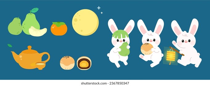 Under the moonlight, moon rabbits gather to celebrate the Moon Festival. One moon rabbit holds a lantern, while others sits comfortably, savoring snacks. Nearby,  tea, plump persimmons, and pomelos.