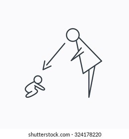 Under nanny supervision icon. Babysitting care sign. Mother watching baby symbol. Linear outline icon on white background. Vector