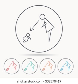 Under nanny supervision icon. Babysitting care sign. Mother watching baby symbol. Linear circle icons.