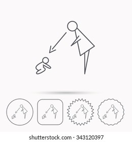 Under nanny supervision icon. Babysitting care sign. Mother watching baby symbol. Linear circle, square and star buttons with icons.