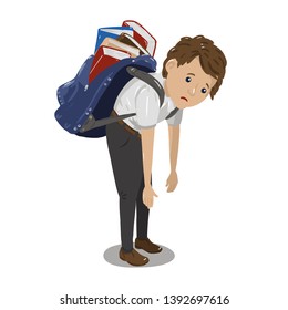 Under pressure school child carrying heavy school bag on white background. Vector illustration.