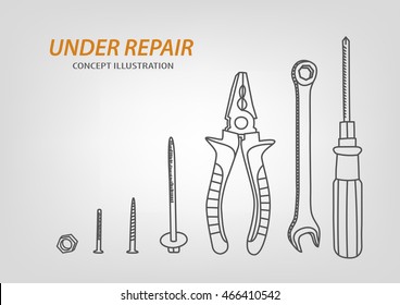 Under repair concept composition. Doodle working tools: screwdriver, key, pliers, screws and nut. Vector illustration