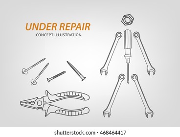 Under repair concept composition. Doodle working tools: screwdriver, key, nut, screws and pliers. Vector illustration