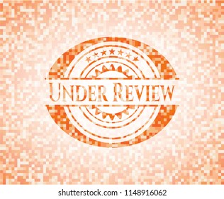 Under Review orange tile background illustration. Square geometric mosaic seamless pattern with emblem inside.