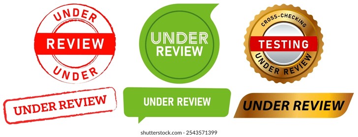 Sob revisão teste verificação de verificação de verificação cruzada teste qualidade avaliação selo de satisfação crachá colorido emblema etiqueta adesivo botão ícone design conjunto coleção