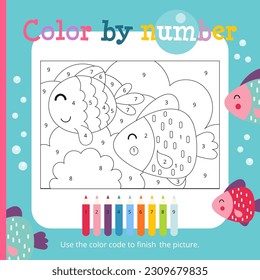 Under the Sea activities for kids. Color by numbers – Cute Fish. Logic games for children. Coloring page. Vector illustration. Book square format.