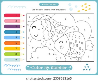 Under the Sea activities for kids. Color by numbers – Cute Fish. Logic games for children. Coloring page. Vector illustration.