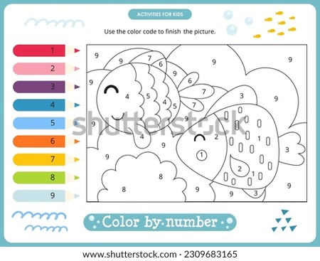Under the Sea activities for kids. Color by numbers – Cute Fish. Logic games for children. Coloring page. Vector illustration.