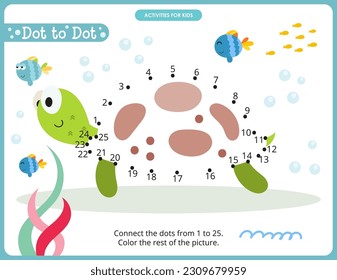 Under the Sea activities for kids. Dot to dot game – Sea Turtle. Numbers games for kids. Coloring page. Vector illustration.