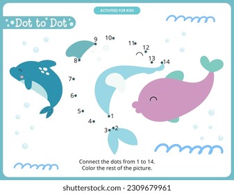 Under the Sea activities for kids. Dot to dot game – Dolphin. Numbers games for kids. Coloring page. Vector illustration.
