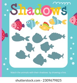 Under the Sea activities for kids. Find the correct shadow for fish. Vector illustration. Book square format.