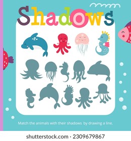 Under the Sea activities for kids. Find the correct shadow for dolphin, octopus, jellyfish, seahorse. Vector illustration. Book square format.