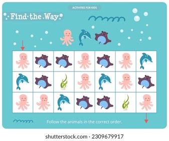 Under the Sea activities for kids. Find the way – follow the animals in the correct order – squid, dolphin, stingray. Maze games for kids. Vector illustration.