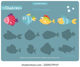 Under the Sea activities for kids. Find the correct shadow for fish. Vector illustration.