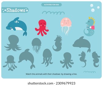 Under the Sea activities for kids. Find the correct shadow for dolphin, octopus, jellyfish, seahorse. Vector illustration.