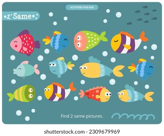 Under the Sea activities for kids. Find two same pictures. Logic games for kids. Vector illustration.