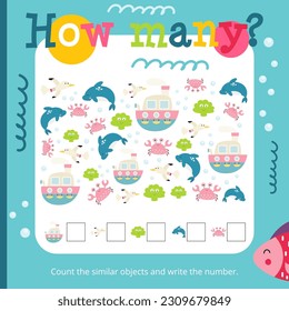 Under the Sea activities for kids. How many. Count the number of ship, seagull, dolphin, crab. Vector illustration. Book square format.