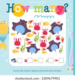 Under the Sea activities for kids. How many. Count the number of stingray, crab, shell, seaweed, fish. Vector illustration. Book square format.